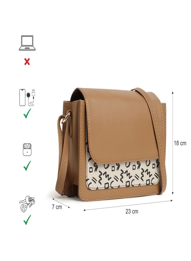 Fastrack Printed PU Structured Sling Bag for Women, Ladies and Girls | Sling Bag with Doodle Print and Button Closure Tan - Image 4